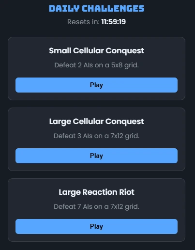 Daily Challenges menu in Tic Tac Toe Evolved displaying Easy, Medium, and Hard tasks like "First Strike" and "Mind Master."
