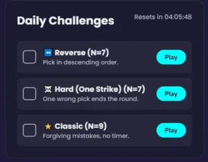 Digit Dash game menu showing Daily Challenges list with Reverse, Hard, and Classic modes available to play.