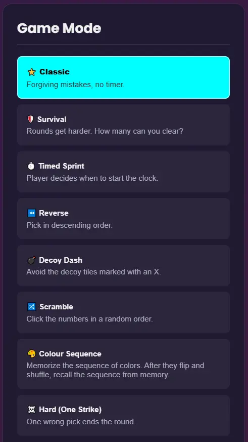 List of game modes in Digit Dash including Classic, Survival, Timed Sprint, Reverse, Decoy Dash, and Scramble for brain training.