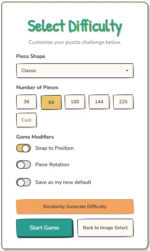 Jigsaw Puzzle Game difficulty selection menu with options for piece count, shape, rotation, and snap-to-grid.
