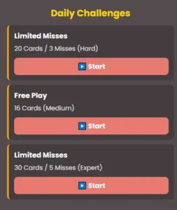 Memory Master Game menu showing three daily challenges with varying difficulty levels like Hard and Expert.