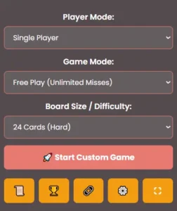 Memory Master Game custom setup menu allowing players to choose single player, game mode, and board size difficulty.
