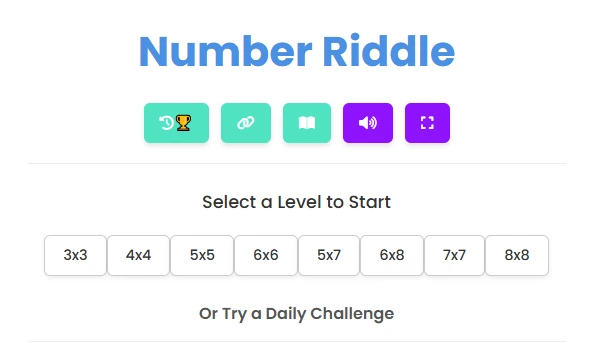 Number Riddle Game level selection menu displaying grid options from 3x3 up to 8x8 for varying difficulty levels.