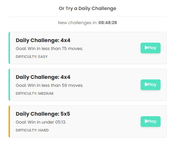 Daily Challenges menu in Number Riddle Game showing Easy, Medium, and Hard sliding puzzles with move and time limits.