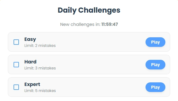Daily Challenges menu in Sudoku Game showing Easy, Hard, and Expert puzzles with strict mistake limits.