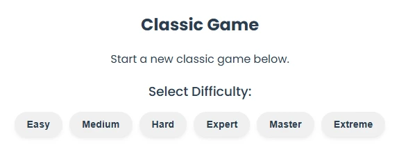 Sudoku Game difficulty selection menu displaying 6 levels: Easy, Medium, Hard, Expert, Master, and Extreme.