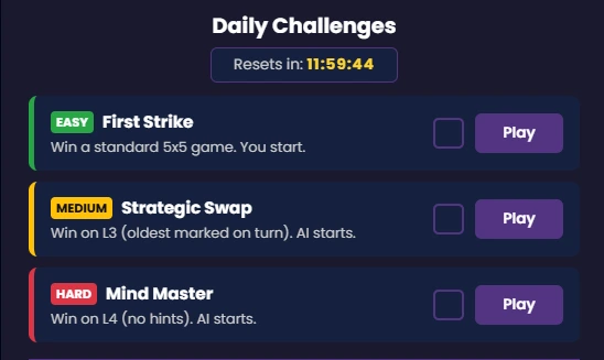 Daily Challenges menu in Tic Tac Toe Evolved displaying Easy, Medium, and Hard tasks like "First Strike" and "Mind Master."