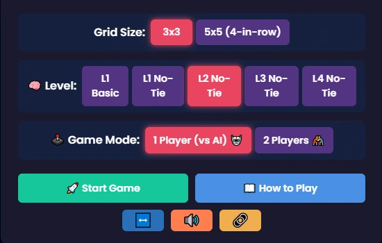 Tic Tac Toe Evolved setup menu showing options for 3x3 and 5x5 grids, No-Tie levels (L1-L4), and Single vs Two Player modes.